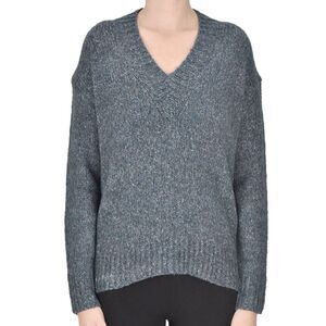 C.T. Plage Melange Knit Sweater FR 40 US 8 Blue Marled Wool Cotton Linen V-Neck